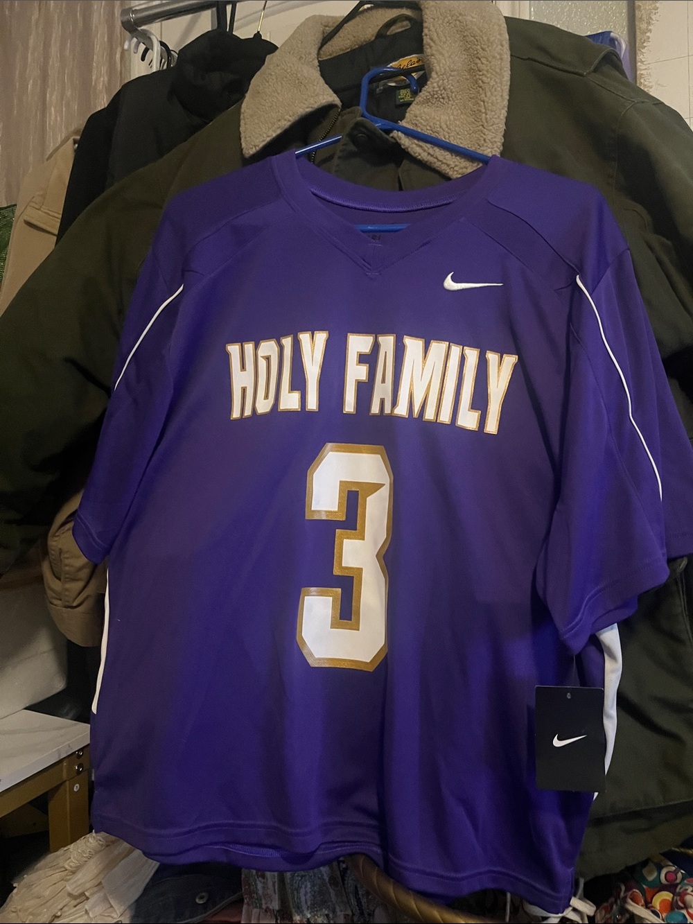 Nike Purple Holy Family #3 Sports Jersey with White and Gold Trim